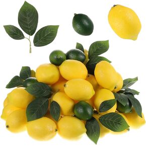 120 Pcs Fake Fruit Artificial Lemons, Include 40 Pcs Yellow Faux Lemons 60 Pcs Green Fake Limes 20 Pcs Leaves, Lifelike Fake Lemon Decor for Kitchen Table Cabinet Party Photography Props
