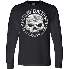Harley-Davidson Men's Camo Willie G Skull Long Sleeve Crew-Neck Shirt - Black