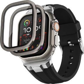 Suitisbest for Apple Watch Ultra 2/Apple Watch Ultra Band 49mm with Titanium Screen Protector (2Pack), Wide Rugged Durable Silicone Strap with 316L Stainless Steel Adapter for iWatch Ultra 2/Ultra