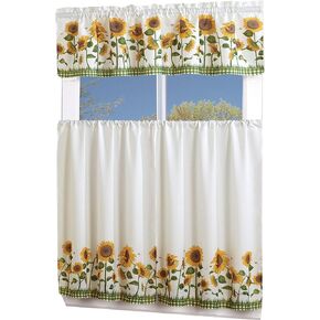 MarCielo 3 Piece Printed Floral Kitchen/Cafe Curtain with Swag and Tier Window Curtain Set, White, Sunflower