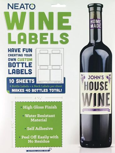 Wine Bottle Labels - 10 Sheets. 40 Bottle & Neck Labels - Make Your Own Custom Printable & Customized Wine Labels - Super Glossy & Waterproof Wine Label Stickers for Inkjet & Laser Printers in Kuwait