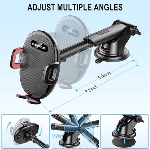 Cell Phone Holder Car Mount Vent Clip with Extended Arm Retractable Holds, Suction Cup Windshield Mount Stand, 360° Adjustable Car Phone Holder Car Dashboard in Saudi Arabia