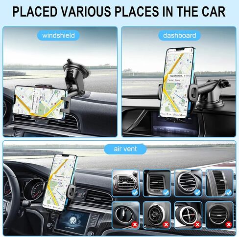 Cell Phone Holder Car Mount Vent Clip with Extended Arm Retractable Holds, Suction Cup Windshield Mount Stand, 360° Adjustable Car Phone Holder Car Dashboard in Saudi Arabia