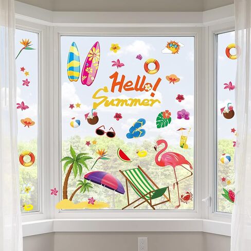 Colorful Summer Window Clings Beach Hawaii Window Stickers Decals Summer Window Clings for Pool Party Baby Shower Beach Themed Birthday Decoration Party Supplies in Saudi Arabia