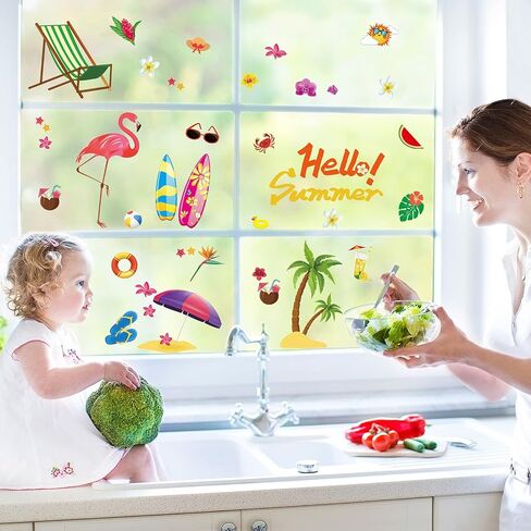 Colorful Summer Window Clings Beach Hawaii Window Stickers Decals Summer Window Clings for Pool Party Baby Shower Beach Themed Birthday Decoration Party Supplies in Saudi Arabia