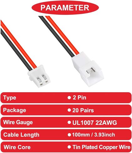 20 زوجًا من كابل موصل JST XH 2.54 مم 2 دبوس ذكر وأنثى مع سلك موصل UL1007 22AWG 100 مم أحمر أسود، أنبوب يتقلص الحرارة لبطارية الطائرة بدون طيار الصغيرة، مقبس طرفي LED شريط ضوء in Saudi Arabia