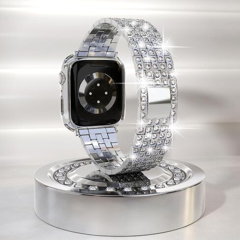 QVLANG متوافق مع سوار ساعة Apple 40 مم سلسلة 6/5/4/SE، حافظة مرصعة بحجر الراين الماسي + سوار معدني من الفولاذ المقاوم للصدأ للنساء لساعة iWatch (فضي) in Saudi Arabia