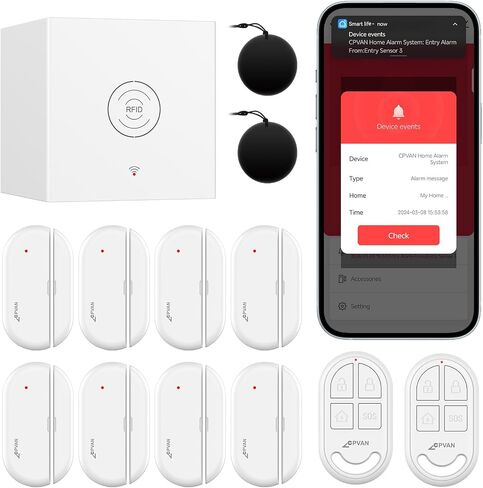CPVAN WiFi Alarm System for Home Security, DIY Wireless Home Alarm System with 8 Door Window Sensor, 2 Remote Control, 2 RFID Card (Style-2) in Saudi Arabia