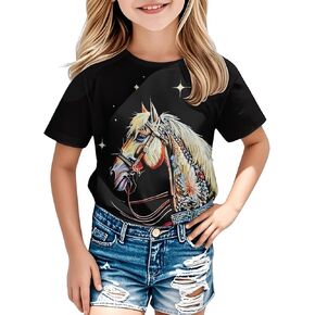 Girls Western Horse T-Shirts - Cute Cowgirl Outfit Kids Short Sleeve Shirts Funny Tops Rodeo Toddler Summer Tee