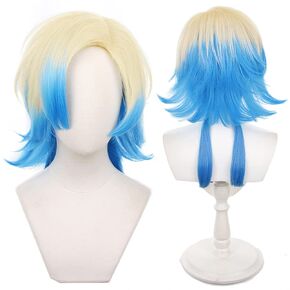 Anime Michael Kaiser Wig Blonde and Blue Short Curly Party Hair Halloween Cosplay Props Accessory