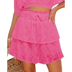 Womens Flowy Shorts Casual Boho Ruffle Tiered Mini Skirts Crochet Lace High Waist Cute Cotton Butterfly Skorts Summer Trendy