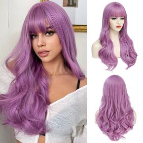 AISI QUEENS Long Wigs for Women Purple Wig with Bangs for Women Wavy Synthetic Heat Resistant Wigs for Daily Cosplay Party Winter Holiday Wig (26inch, Purple)