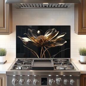 DAIFURONGE Golden Lotus Tempered Glass Backsplash For Kitchen Behind Stove,Stove Backsplash Top Cover,Easy to Clean Glass Splashback, Sink Cover Splash Guard,Home Kitchen Wall Decor (30"x18"(76.2x45.72cm))