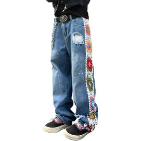 Mens Womens Ripped Baggy Jeans Floral Crochet Wide Leg Denim Pants Casual Loose Distressed Destroyed Jeans