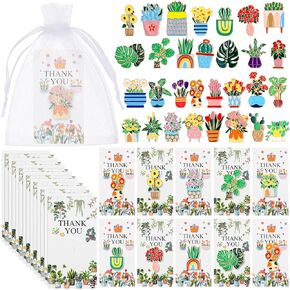 Remuuly 30 Sets Thank You Gift Flowers Potted Plant Enamel Pins Bulk Floral Lapel Brooch Pins with Thank You Cards and White Organza Bags for Backpack Clothe Women Teacher Staff Wedding Party Favors