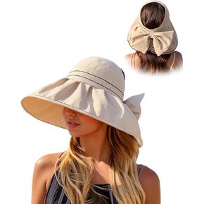 Sun Visor Hats for Women Wide Brim UV Protection Packable Foldable Floppy Beach Hat Ponytail for Travel Summer