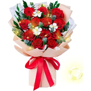 Mosstory Flower Bouquet 12-Piece Red Preserved Roses Bouquet with Led Lights Gift for Women Wife Mother Day Wedding Anniversary Birthday (Black)