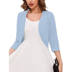 Women's 3/4 Sleeve Open Front Cardigan V-Neck Knit Cropped Bolero Shrug Sweater for Women