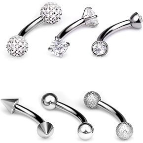 16g روك اختراق المجوهرات الجراحية الحاجب الفولاذية الحاجب الثقب المنحنى المجوهرات الشفاهية الفضية العمودية للنساء 8 ملم ، 6 أنماط من كرات الزركون على شكل مخروط