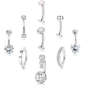 FIASASO 9 Pcs Floating Belly Button Ring Gold - Surgical Stainless Steel CZ Opal Heart Clicker Belly Piercings for Women Navel Pack Silver/Gold