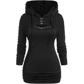 ROSE GAL Women Lace Trim Ruched Cami Tank Top and Hooded Hook Eye Cable Knit Cropped Shrug Sweater