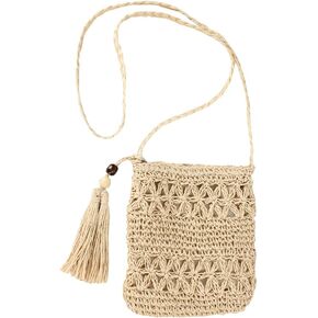 Straw Crossbody Bag Summer Beach Purse Woven Shoulder Bag Fashion Clutch Handbag Womens Tote Bag with Strap Tassels Beige