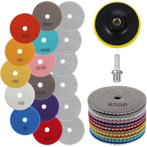 13PCS 4 Inch Diamond Polishing Pads Set, 5/8’’-11 Backer Pad, 50-8000 Grit Pads, Wet/Dry Granite Stone Polish Pad, Grinder Polishing Kit for Granite, Marble, Tile, Stone, Concrete, Quartz Countertop