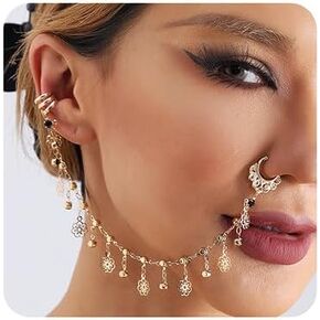 Wiwpar Gold Flower Flower Nose Rings Black Crystal Pendent Nonip -Diate Rings tove to to ear chain are indian repl repl repl move mostmalry mosts dangling arcles for women (style6)