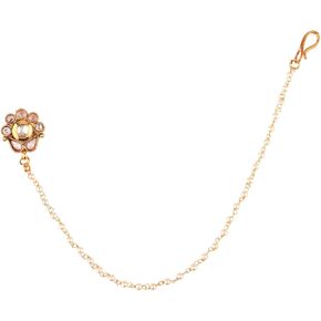 Efulgenz Bridal Indian Jewelry Bollywood Nose Stud Pin with Faux Pearl Chain Crystal Kundan Nath Non Piercing Nose To Ear Chain Wedding Jewelry for Women