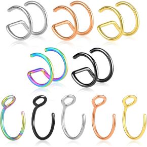 10 Pcs Fake Noses Rings Non-Pierced Faux Nose Ring Stainless Steel Fake Noses Piercing Jewelry Clip On Nose Ring for Women And Men (Steel, Gold, Rose Gold, Black, Multicolor)