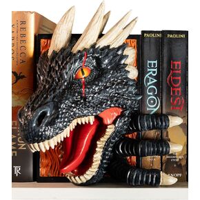 Dragon Bookend | الملوثات العضوية الثابتة قبالة رفك | بنية صلبة | استخدم بين الكتب أو على طرف رف الكتب أو book nook | ديكور التنين الخيالي | أرفف القوطية في العصور الوسطى BookNook Bookends | النموذج الأسود من Obsidian