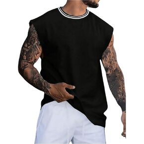 GORGLITTER Men's Dolman Sleeve Crop Vest Top Striped Contrast Trim Crewneck Sleeveless Tank Tops