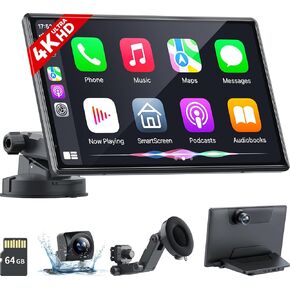 شاشة Carplay محمولة لاسلكية مع كاميرا داش 4K، Android Auto، شاشة تعتيم تلقائي 9 بوصة مع أقوى حامل شفط، ملاحة GPS للسيارة، كاميرا احتياطية 1080 بكسل، تسجيل حلقي