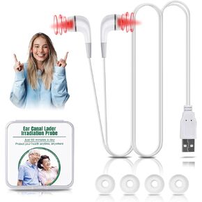 تخفيف الضوء الأحمر للأذنين ، جهاز تخفيف أذن الضوء الأحمر المحمول USB 650NM ، جهاز تخفيف الأذن الأحمر 650NM مع زوجين من سيليكون قناة الأذن (أبيض)
