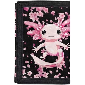 Axolotl Kids Wallet for Girls Cherry Blossom Trifold Canvas Wallet for Children Nylon Wallets for Kids 4-16 Children Wallets Trifold Pouch Wallet with Zipper for Girls Cute Kids Wallet