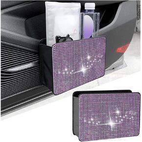 Bling Car Trash Can, Leather Foldable Crystal Rhinestone Vehicle Hanging Trash Organizer Holder Bin, Mini Auto Dustbin Garbage Storage Bag Container, Universal for SUV Truck RV (Black)