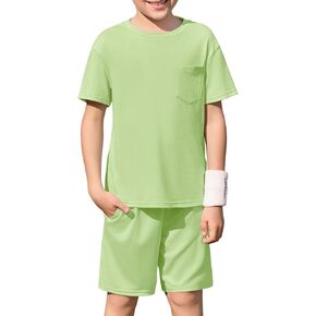 Haloumoning Boys Short Sleeve Tee and Shorts Sets Kids 2 Pieces Summer Outfits with Chest Pocket 5-14 Years