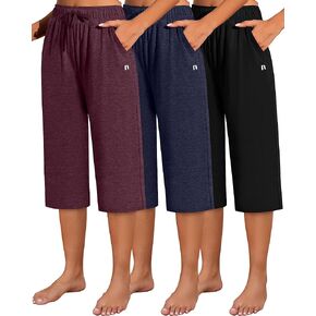 Neer 3 Pack Women's Capri Pants, Cotton Wide Leg Basic Sweatpants Lounge Loose Fit Casual Drawstring Yoga Capris with Pockets(Black, Wine Red, Midnight Blue,Large)