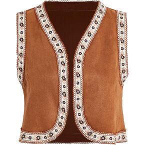 Verdusa Women's Vintage Crop Stest Western Settes Outerwear Sets with Floral Edge