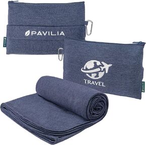 Pavilia Travel بطانية طائرة مضغوطة مع حقيبة ، وسادة صغيرة بطانية الطيران الطويلة ، بطانية طائرة خفيفة الوزن مع حزام الأمتعة ، بطانية التخييم للمسافرين الأساسية ، الزرقاء الزرقاء ، 65x40