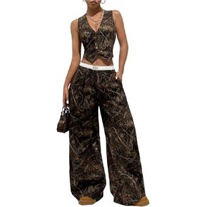 Floerns Women's 2 Piece Outfit Y2k Camo Vest Waistcoat Baggy Wide Leg Pants Set