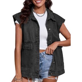 COZYPOIN Womens Denim Vest Oversized Button Down Sleeveless Denim Jean Vest Trendy Vintage Jacket Waistcoat with Pockets