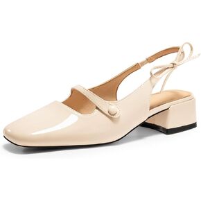 Coutgo Womens Mary Jane Shoes Slingback Chunky Low Heels Bow Closed Square Toe Pumps Wedding Party Dress Shoes