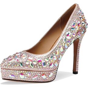 منصة الكعب للنساء Rhinestone Crystal Stiletto مغلق مضخات أخمص القدم