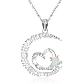 Moon Star Necklace for Women Sterling Silver Heart Opal Pentagram Pendant Necklaces Birthday Graduation Jewelry Gift for Mom Wife Daughter