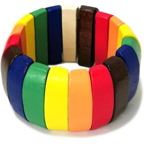 Wide Chunky Wooden Beads Stretch Bangle Bracelet Bohemian Multi-Colored Wood Elastic Ethnic Wristband Cuff Bracelet for Men and Women