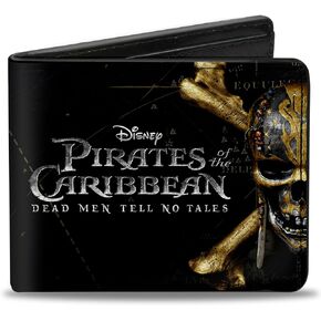 Buckle-Down Men's Disney Wallet, Bifold, Pirates Dead Tell No Tales Skull Icon Black Silvers Golds, Vegan Leather, Multicolor, Standard Size
