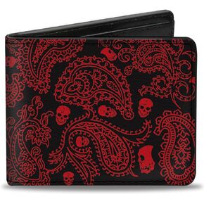 Buckle-Down Men's Wallet, Bifold, Bandana Black Red, Vegan Leather, Paisley Skulls, 4.0" x 3.5"