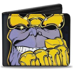 Buckle-Down Men's Marvel Comics Wallet, Bifold, Thanos Raised Fist Pose Black Yellows Lavender, Vegan Leather, 4.0" x 3.5"