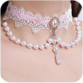 Xerling Elegant White Lace Choker Necklace Vintage Pearl Necklaces Gothic Victorian Lolita Costume Necklaces for Women Flower Lace Choker for Bridal Wedding